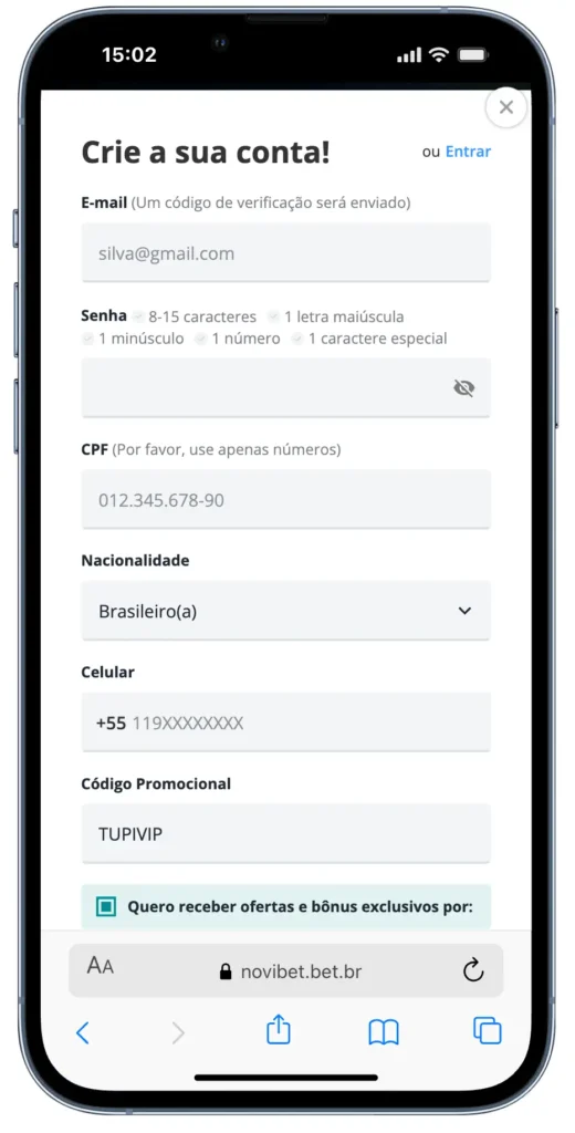 registro código promocional novibet
